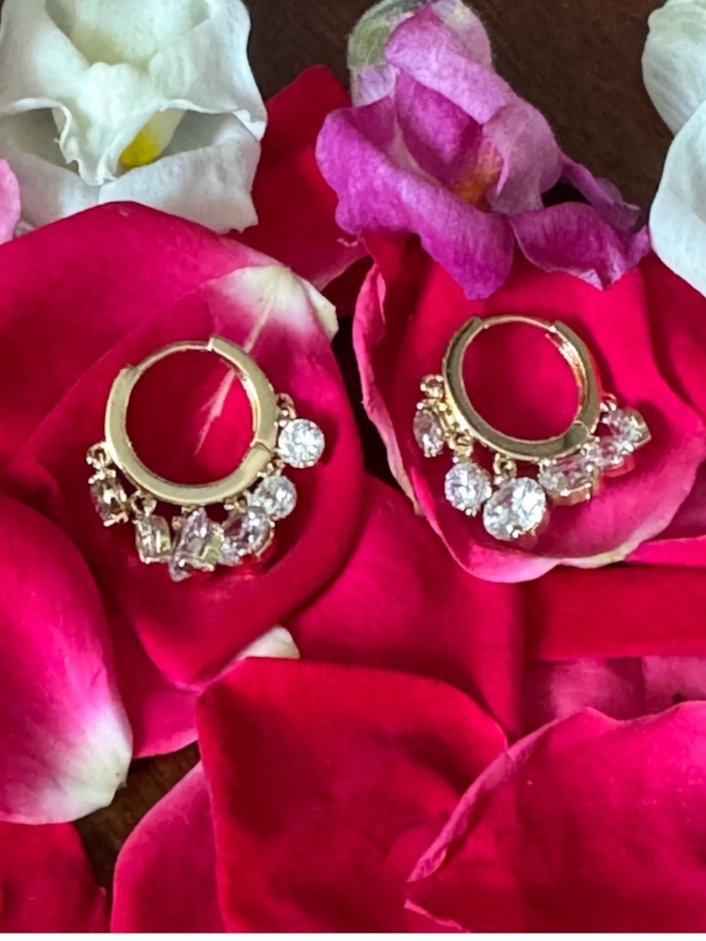 Gold Hoop Huggies Earrings with Clear Crystal Charms 1.5”